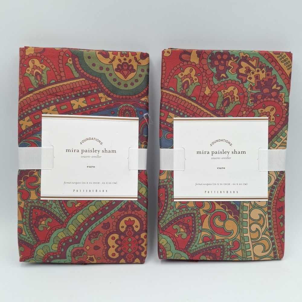 Pottery Barn Mira Paisley‎ Euro Sham Set of 2 Red Green Gold 26x26 Cotton NIP